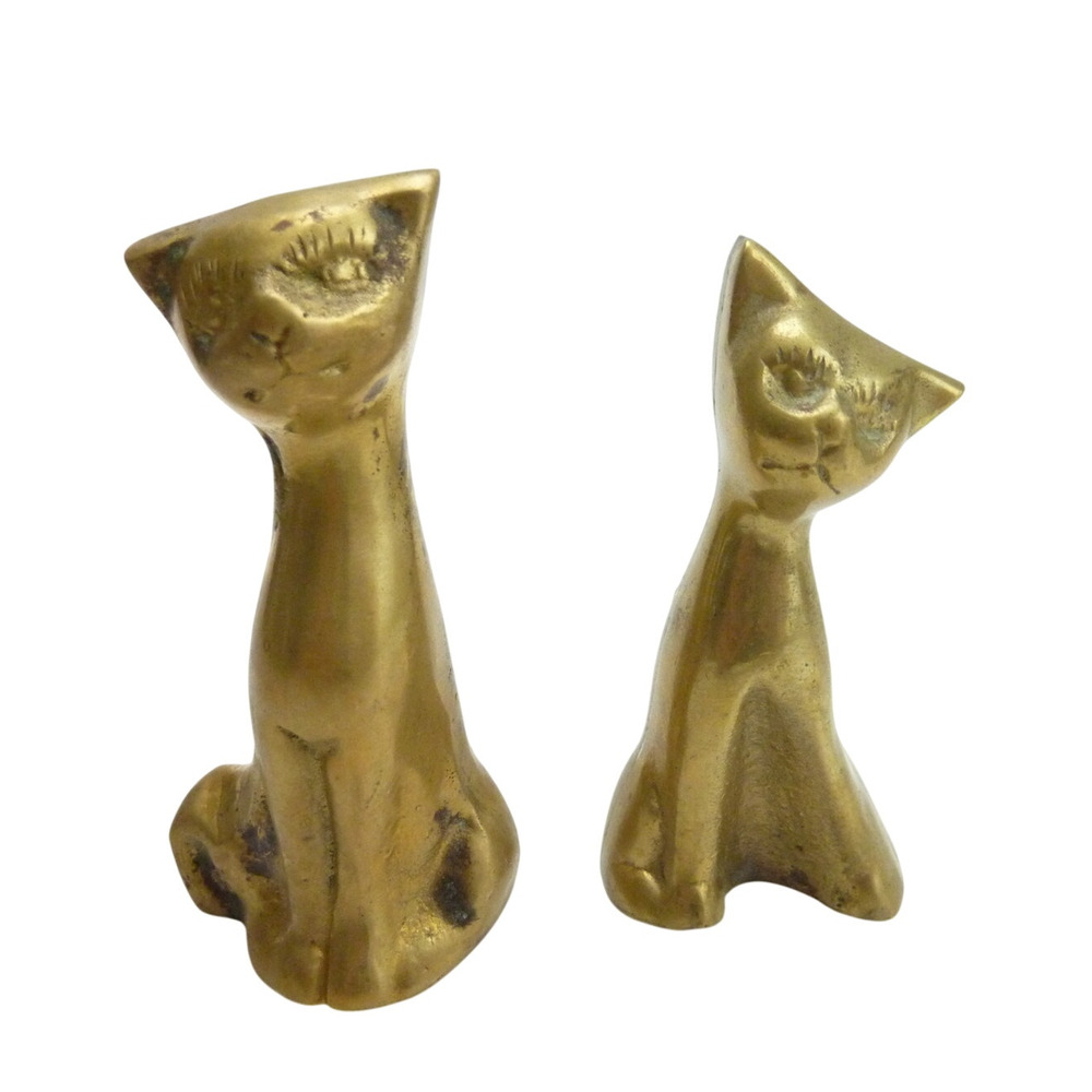 Vintage Brass Cat Figurines Set MCM Long Neck Miniature Gold Kitty Sculpture